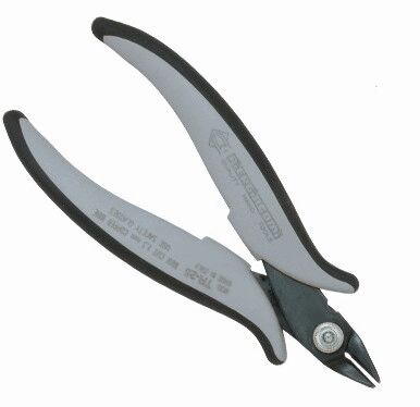 The image shows a pair of pliers with ergonomic, gray rubber grips. The cutting edges are sharp and metallic, ideal for cutting wires or small objects.