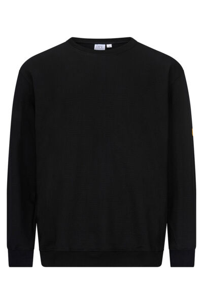 The image shows a simple, black sweatshirt with long sleeves and a round neckline. There is a small, striking logo or design in a light color on the left sleeve.