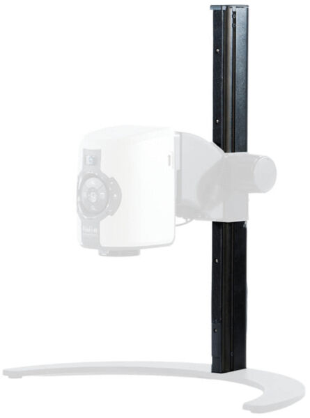 The image shows a camera attached to a vertical, black stand. The stand has a curved base that provides stable support.