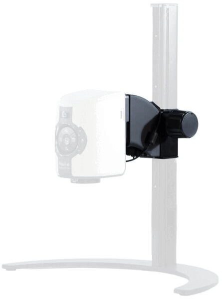 The image shows a device mounted on a vertical stand. It has a black mount and a round end. The stand is stable and features a curved base.