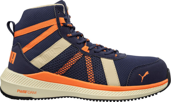 The shoe is a sporty, blue high-top with orange accents. It features a breathable mesh upper and a flexible, cushioned sole for comfort and stability.