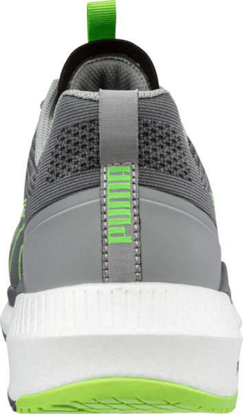 The image shows the rear view of a gray sports shoe. It has a green nubuck tab and a white sole with a green accent. The surface is textured and breathable.