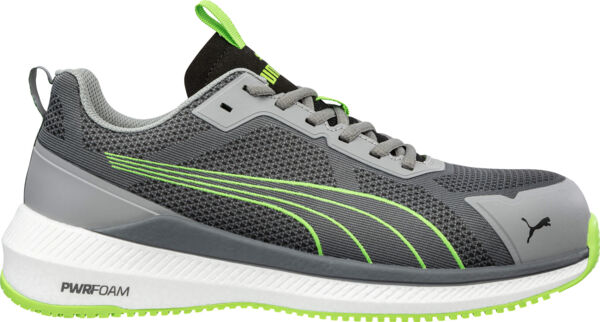 The shoe is a sporty sneaker in gray with green accents. It has a breathable upper, a cushioned sole, and a reinforced toe cap. The laces are elastic.