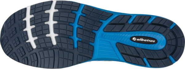 The image shows the sole of a sports shoe. It is predominantly black with blue and white details. The sole has a textured tread for better grip and slip resistance.