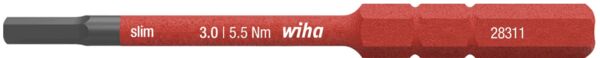 The image displays a red bit set from Wiha. It features a slim shape with a gray tip. Measurements and the brand are printed in white font on the red surface.