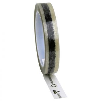 The image shows a roll of tape. It is transparent with a gold and black stripe on it. One end of the tape is hanging down slightly, displaying a label.