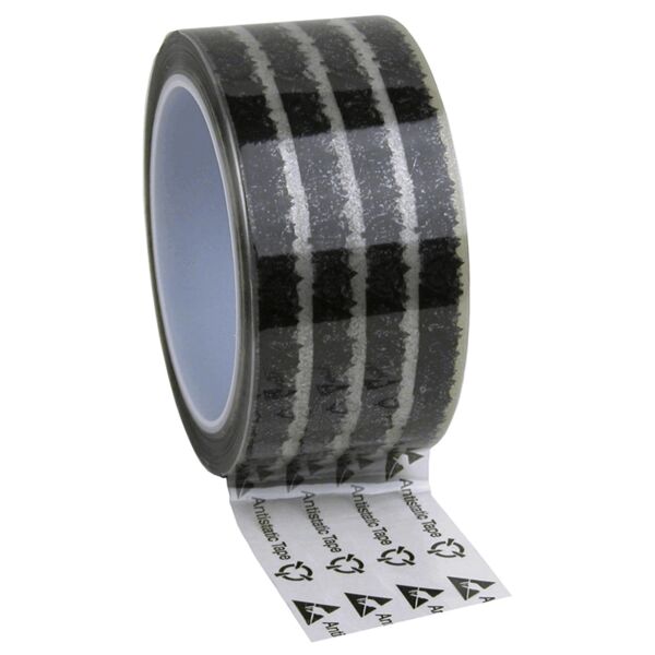 In the picture, there is a roll of tape visible. The tape has a translucent design with black and gray stripes. It is slightly hanging over the edge of the roll.