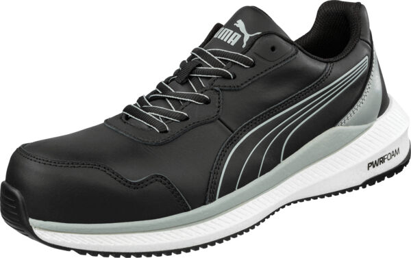 The shoe is a sporty, black leather sneaker with a white sole. It features gray accents, a padded collar, and flat laces for a comfortable fit.