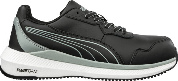 The shoe is a black sports sneaker with lace-up lasts. The sole is white with a black rubber tread. There are gray and silver accents on the side.