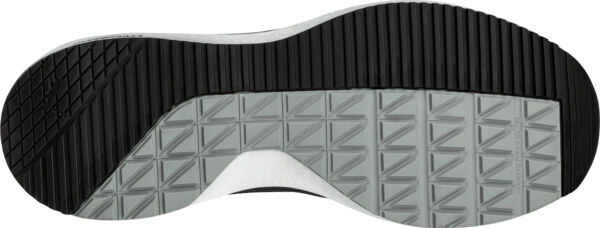 The image shows the underside of a shoe. The sole features a patterned design with diagonally arranged grooves and a grippy surface in black and gray.