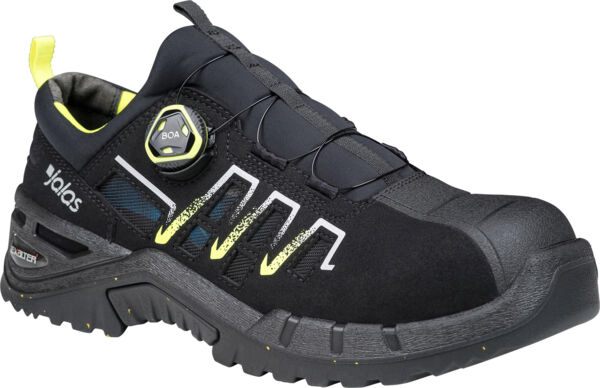 The shoe is black with yellow accents. It has a sturdy rubber sole and a firm edge. A special closure mechanism ensures a good fit. Ideal for outdoor activities.