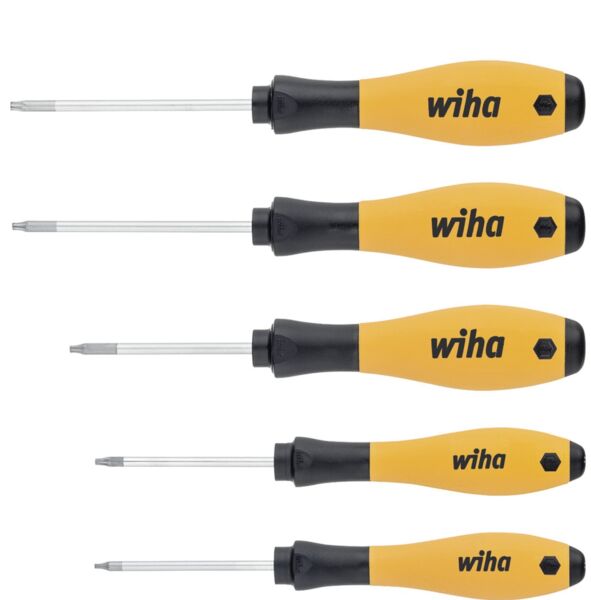 The image shows five screwdrivers with oval, ergonomic handles. The handles are black with yellow elements and the 