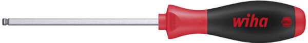 The image shows a screwdriver with a long, slender, silver steel shaft. The handle is red and black, with the 