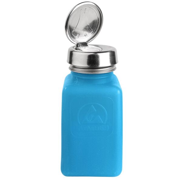 A blue-transparent bottle with a rectangular body. The cap is metallic and has a flip-top closure. The bottle has a smooth surface and an embossed brand.