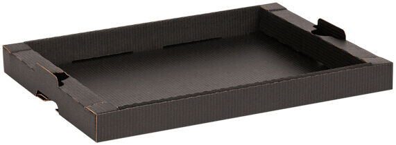 The image shows a rectangular, flat box made of dark cardboard. The corners are folded up, and it has a textured surface. It is open and empty.