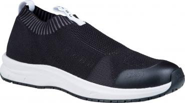 The shoe is a sporty, black sneaker made from breathable material. The sole is white and has a slightly curved shape. The toe cap is reinforced and black.