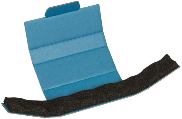 The image shows a blue, folded piece of cardboard that is lying open. It has a rough, black texture on one side, while the other side is smooth. The shape resembles a scoop or a strip.