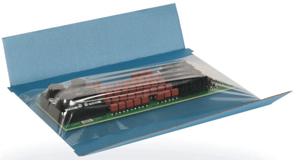 The picture shows a circuit board in a transparent film. The circuit board is placed in a blue box that can be opened. On the circuit board, red components and some metallic-colored parts are visible.