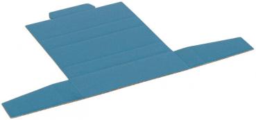 The image shows a flat, rectangular cardboard in blue, with unfolded sides. It has creases that allow for easy folding and shaping. It is a packaging.