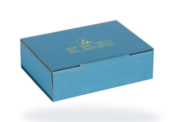 The image shows a rectangular, blue cardboard box with a smooth surface. On the top, there is a yellow graphic and some prints. The box has a flat shape and is closed.