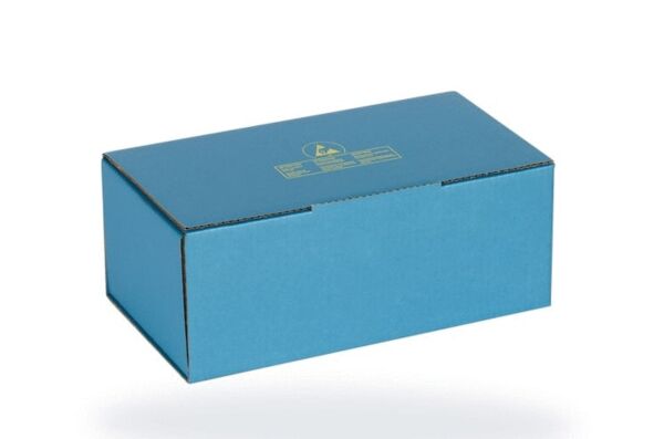 The image shows a rectangular box in bold blue. On the top side, there is a yellow label depicted. The box has a smooth surface and is closed.