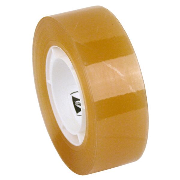 The image shows a roll of transparent, brown tape on a white core. The surface is smooth and shiny, the edges are even and clearly defined.