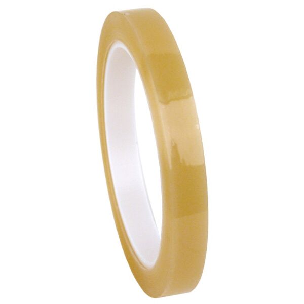 The image displays a roll of transparent tape. The roll features a smooth, glossy surface in a light, yellow-beige color and a white interior.