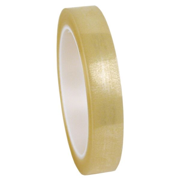 The image shows a roll of transparent tape on a white background. The roll has a smooth, shiny edge and is about as wide as a finger.