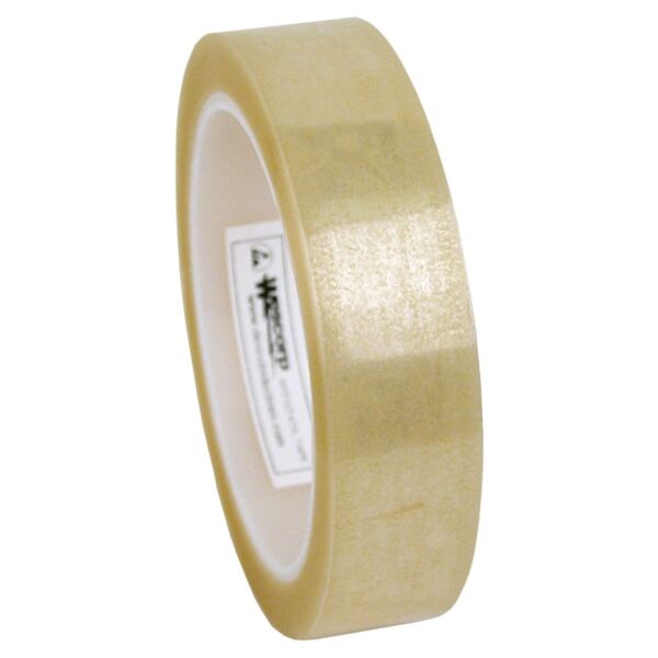 This is a roll of transparent adhesive tape. The surface is slightly glossy, and the tape is neatly wound on a round cardboard roll.