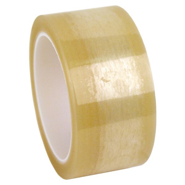 The image shows a roll of transparent tape. The surface is slightly glossy and has a yellowish tint. The roll has an inner core and is cylindrically shaped.