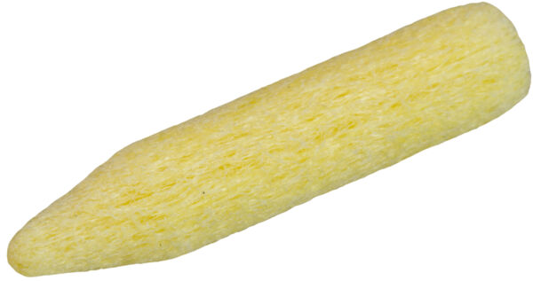 The image displays an elongated, yellow sponge with a pointed shape and a rough, soft surface. It appears light and flexible, suitable for cleaning or washing.