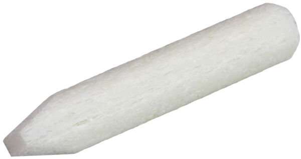 The image shows a white, cone-shaped object that tapers to a point at one end. It has a slightly rough texture and is about 10 cm long. It could be a pencil.