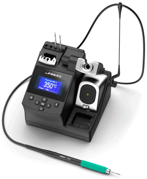 The image shows a soldering station with a screen, buttons, and a soldering iron. The iron has a green handle and is connected to the station. The device has multiple ports.