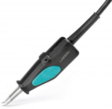 The image shows a soldering tool with two narrow, metallic tips. The handle is black with a blue, oval area. A cable connects it to a power source.