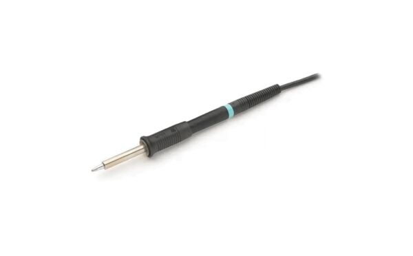 The image shows a soldering iron with a black handle and a blue ring. The tip is metallic and thin. A cable extends from the handle. The iron is used for soldering.