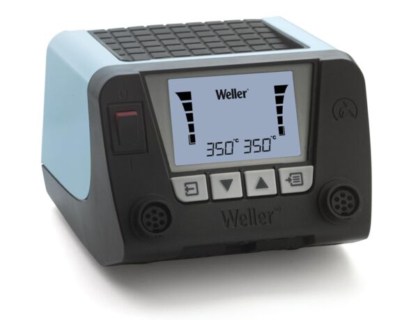 The image displays a compact soldering device with a digital display in the center. The front features buttons for temperature control. It is designed in blue and black and has a non-slip surface.