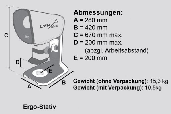 The image displays the technical dimensions of an Ergo stand with specific measurements (A to E) and weight details. It is schematic and includes clear labels for each measurement.