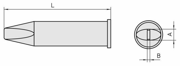 Das Bild zeigt eine technische Zeichnung einer Patrone. Links ist die Seitenansicht mit der Länge ?L? und einer spitzen Form. Rechts die Draufsicht, Oval mit den Maßen ?A? und ?B?.