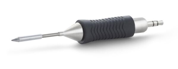 The image displays a pen-like tool with a metallic tip and a non-slip, black rubberized grip. It features a point and a connection for a device.