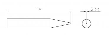 Das Bild zeigt eine technische Skizze eines Gegenstands, der 19 mm lang ist und vorne spitz zuläuft. Rechts ist ein kleiner, runder Punkt mit einem Durchmesser von 0,2 mm abgebildet.