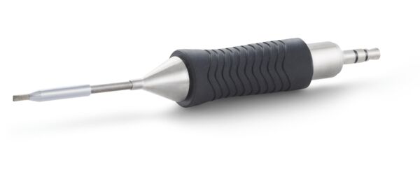 The image shows a tool with a silver, conically shaped end and a rubberized, non-slip grip. It has a slender shape and a side blade.