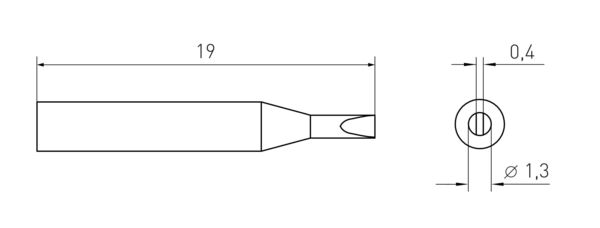 Das Bild zeigt eine technische Zeichnung eines Objekts mit einer Länge von 19 mm. Es hat eine spitze Form, mit einem Durchmesser von 1,3 mm und einer Öffnung von 0,4 mm.