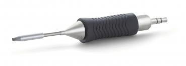 The image shows a screwdriver with a non-slip, rubberized handle and a narrow, metallic blade. The handle surface has a wavy pattern for better grip.