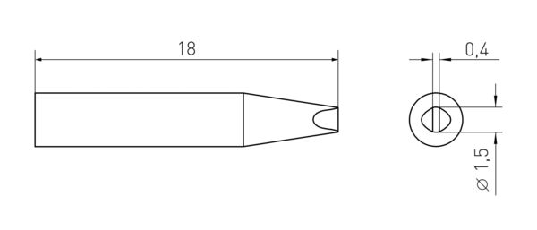 The image displays a technical drawing of an object. It has an elongated, pointed shape with a diameter of 18 mm at its thickest point and a round end with a diameter of 1.5 mm.