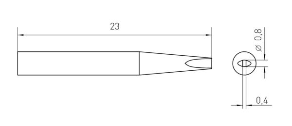 The image displays a technical drawing of a narrow object with a length of 23 mm. It has a pointed shape and a round opening with a diameter of 0.8 mm and a depth of 0.4 mm.