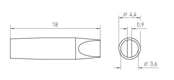 Das Bild zeigt technische Zeichnungen eines Objekts. Links eine seitliche Ansicht mit einer Länge von 18 mm und abgerundetem Ende. Rechts eine Draufsicht, die einen Kreis zeigt. Maße sind angegeben.