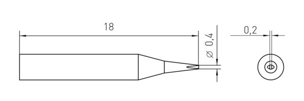 The image displays a technical drawing of an object with a length of 18 mm, a pointed shape, and an opening of 0.4 mm. It has a round cross-section with a diameter of 0.2 mm.