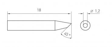 The image displays a technical drawing draft of an object. It has an elongated shape with a tip angled at 45 degrees, and a diameter of 1.2.