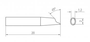 The image displays a technical drawing of a tool. It has an elongated shape with a 45° angled cut on one side. Dimensions: Length 20 mm, Diameter 2 mm.