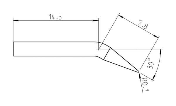 The image shows a technical drawing of a tool. It has a pointed shape with measurements: 14.5 mm length, 7.8 mm width, and a 30-degree angle. Top rounding: 0.1 mm.